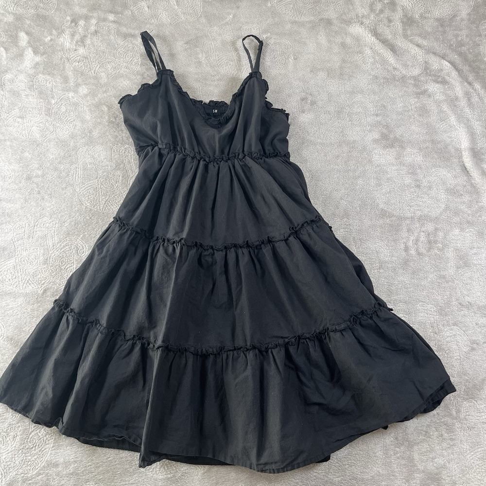 Max Ash Babydoll Dress Womens S Black Tiered Lined Boho Cottage Empire Waist